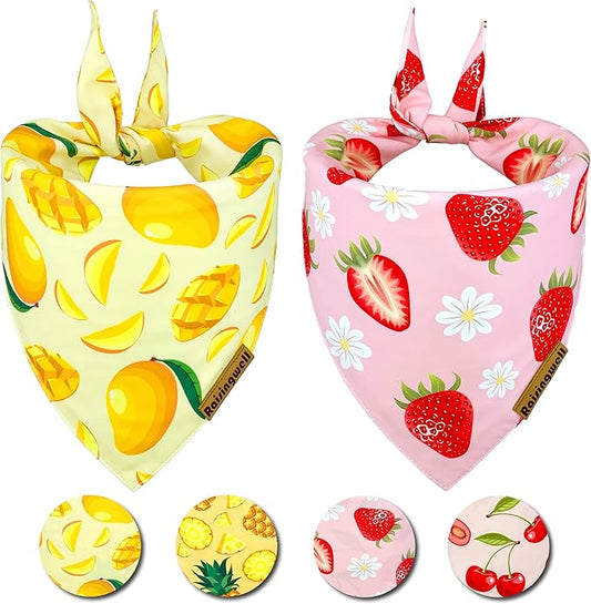Summer Fruit Dog Bandanas 2 Pack 4 Pattern Reversible, Holiday Bandana for Boy and Girl, Premium Durable Fabric, Party Triangle Scarf for Small to Medium Breed Dogs(Small)