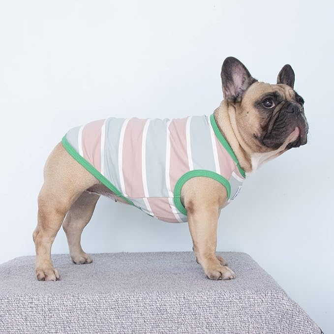 iChoue English Bulldog T Shirts 100% Cotton Striped Clothes for Medium Dogs Tank Tops Vest Large French Frenchie Pug Boston Terrier Pitbull Summer Pink Stripes - XL