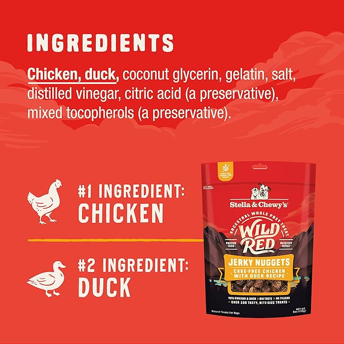 Stella & Chewy's Wild Red Jerky Nuggets - 90% Protein-Rich Chicken & Duck Dog Treats - Grain-Free Training Rewards for All Breeds - Made in USA - 6 oz Bag