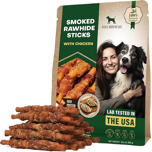 Dog Smoked Rawhide Sticks Wrapped Chicken & Pet Natural Chew Treats - Grain Free Organic Meat & Healthy Human Grade Dried Snacks in Bulk - Best Twists for Training Small & Large Dogs - Made for USA