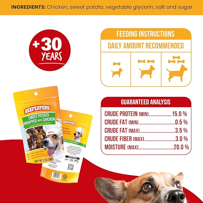 Beefeaters Sweet Potato Wrap with Chicken 2oz, (12 Pack) – Dog Treat. No Corn, Wheat, Soy or Gluten, Low Fat, Whole Muscle Jerky, Ideal for Training & Snacks