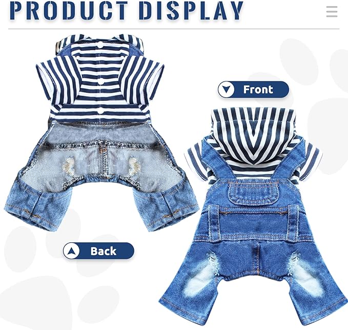 Small Dog Hoodie Clothes Cute Stripe Shirts Denim Jumpsuit One-Piece Outfit for Small Medium Dogs Cats Boy Girl Chihuahua Blue Jeans Overalls Puppy Costume (Blue,S)