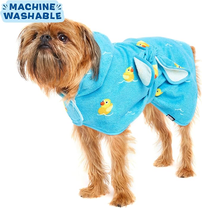Barkbox Dog Bathrobe Fast Drying with Hook and Loop Closure & Wrap Tie Snuggle, Cute Dogs Clothes, Easy to Clean, Machine Washable, Dog Coats and Tumble Dry Low - Rubber Duck, Small