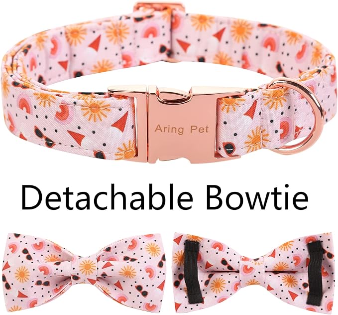 ARING PET Summer Dog Collar-Adorable Dog Collar with Bow, Adjustable Cotton Sun Bowtie Dog Collars Pet Collars with Metal Buckle