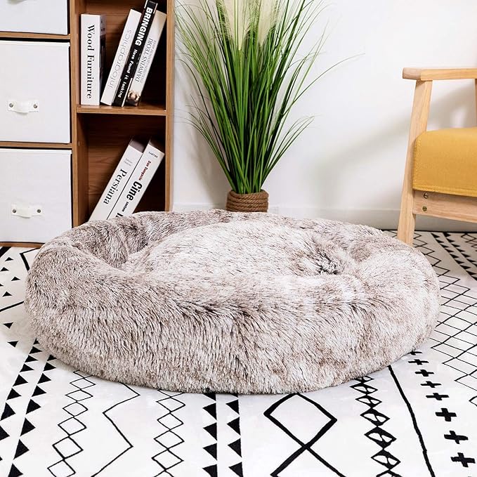 Coohom Oval Calming Donut Cuddler Dog Bed,Shag Faux Fur Cat Bed Washable Round Pillow Pet Bed(30"/36"/43") for Small Medium Dogs (L(30"x24"x8"),Light Brown)