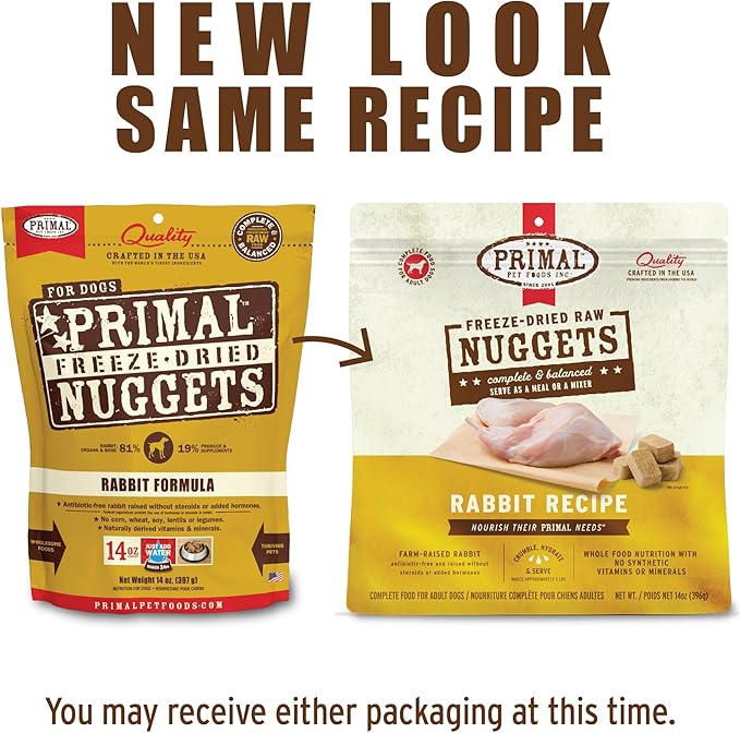 Primal Freeze Dried Raw Dog Food Nuggets, Rabbit, Complete & Balanced Meal, Also Use as Topper or Treat, Premium, Healthy, Grain Free, High Protein Raw Dog Food, 5.5 oz