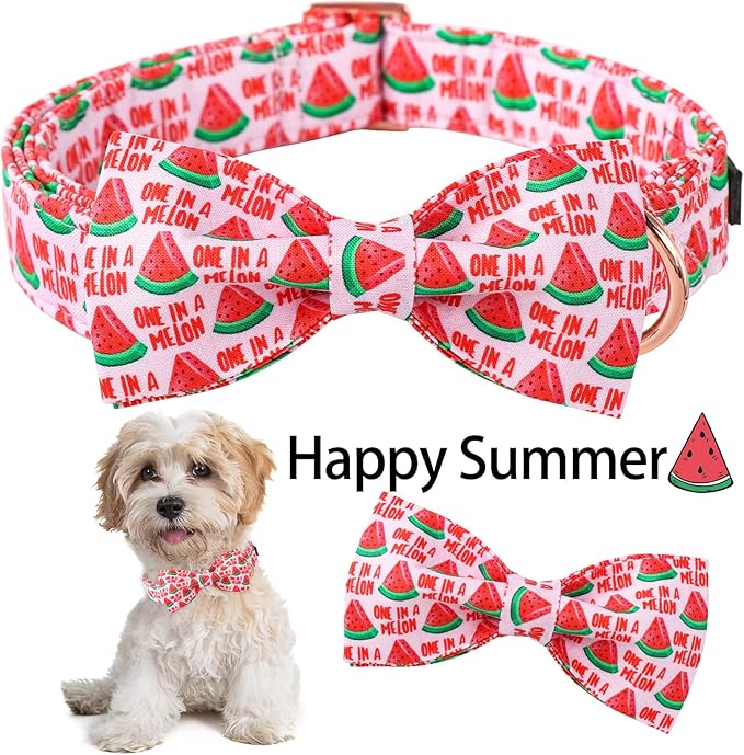 ARING PET Summer Pink Watermelon Dog Collar with Bow, Adjustable Cotton Bowtie Collar with Metal Buckle