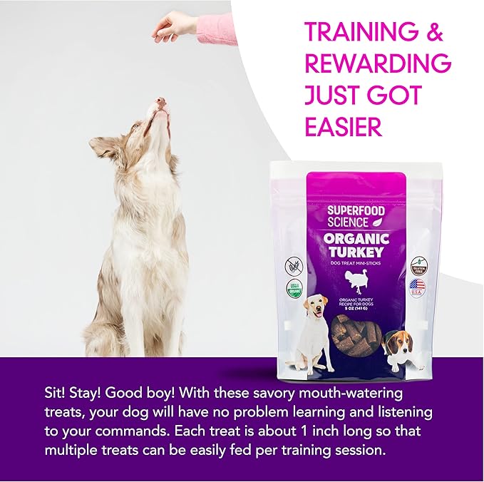 Organic Dog Treats for Small, Medium & Large Dogs – Turkey Training Treats for Puppies & Adult Dogs, Grain-Free, Hypoallergenic, All-Natural, Healthy, Low-Calorie, Semi-Soft Chews, Made in USA, 5 oz