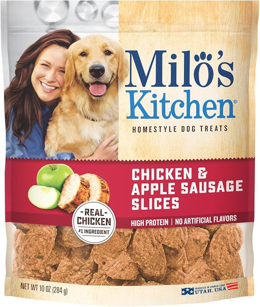 Milo's Kitchen Homestyle Dog Treats, Chicken & Apple Sausage Slices, 10 Ounce (Pack of 5), High Protein, No Artifical Flavors
