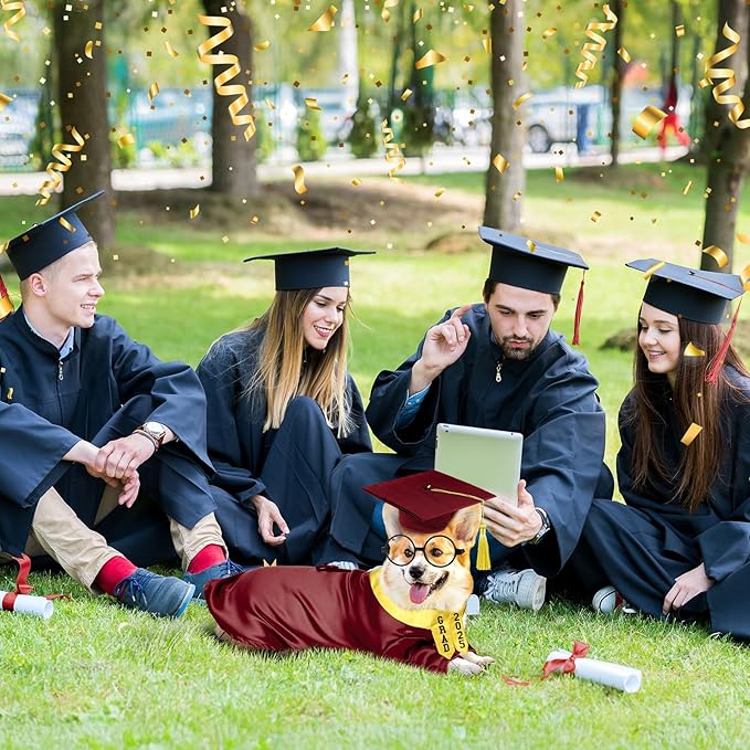 5 Pcs Dog Graduation Costume Set Include 2025 Pet Graduation Gown with Stole Puppy Grad Cap Lensless Glasses DIY Letter Stickers for Dogs Cats Holiday Costume Accessory(Maroon Yellow,L)