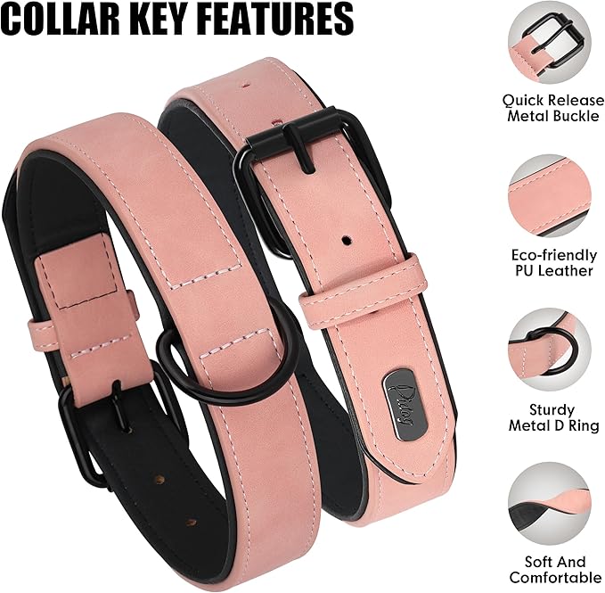 Didog Soft Padded Leather Dog Collar, Breathable Heavy Duty Dog Collar Faux Leather with Adjustable Rust-Proof Metal Buckle for Small Medium Large Dogs, Pink, M Fit Neck 12-15"(13-22 lbs)