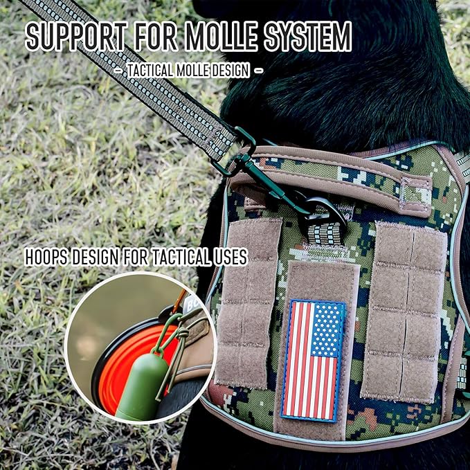 Tactical Dog Harness for Medium Large Dogs, Heavy Duty Dog Harness with ID Card, Reflective Hiking Harness for Training Easy Control Dog Vest with Handle Woodland Camo