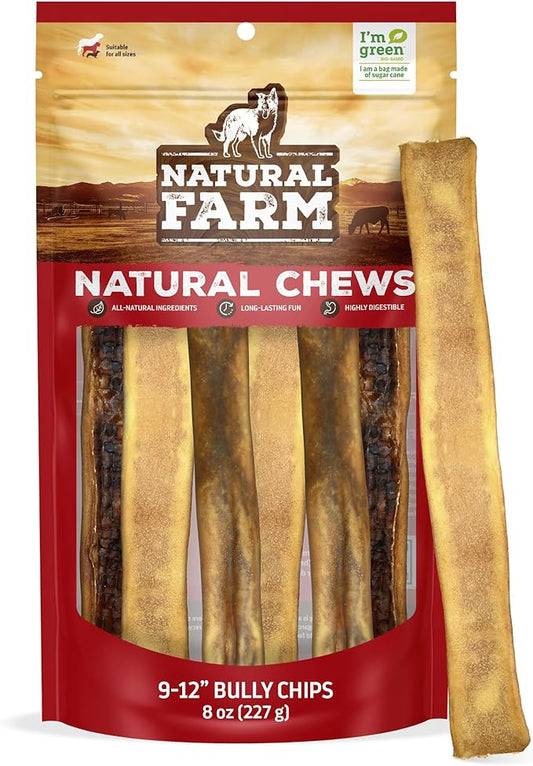 Natural Farm Bully Chips (9-12 Inch, 8 Oz.), Digestible Beef Cheek from Grass-Fed Cows, Non-GMO, Grain-Free, Natural Long-Lasting Dog Chews for Small, Medium & Large Dogs, Great Rawhide Alternative