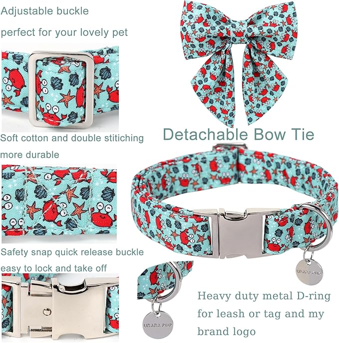 Summer Dog Collar with Bow Tie, Cute Crab Pattern Bowtie Dog Collar, Summer Bowtie Collar for Puppy Boy Girl Dog or Cat, Comfortable Blue Dog Collar with Metal Buckle, L