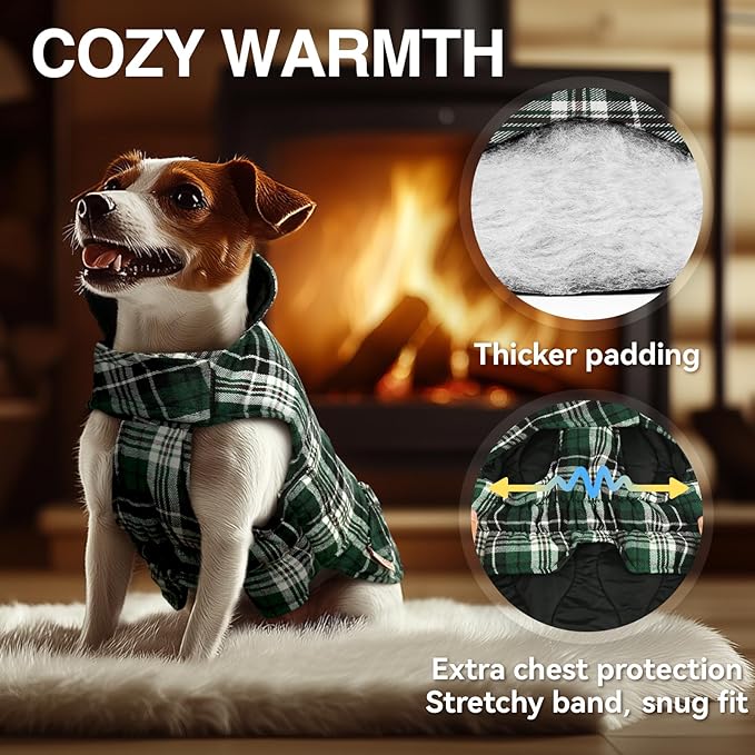 VIVAGLORY SoftJoy Dog Winter Coat - British Style Plaid Jacket & Vest for Cold Weather - Reversible, Warm & Cozy - Heavy Duty - XXS Green