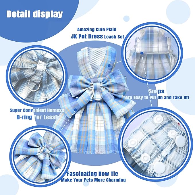 PETCARE Plaid Dog Dress Bow Tie Harness Leash Set for Small Dogs Cats Girl Cute Princess Dog Dresses Spring Summer Puppy Bunny Rabbit Clothes Chihuahua Yorkies Pet Outfits