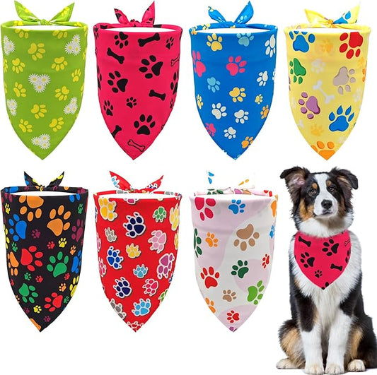 7 PCS Paw Print Dog Bandanas for Large Dog Breed 33 Inch Extra Large Polyester Dogs Bandana XL Scarves Party Grooming L
