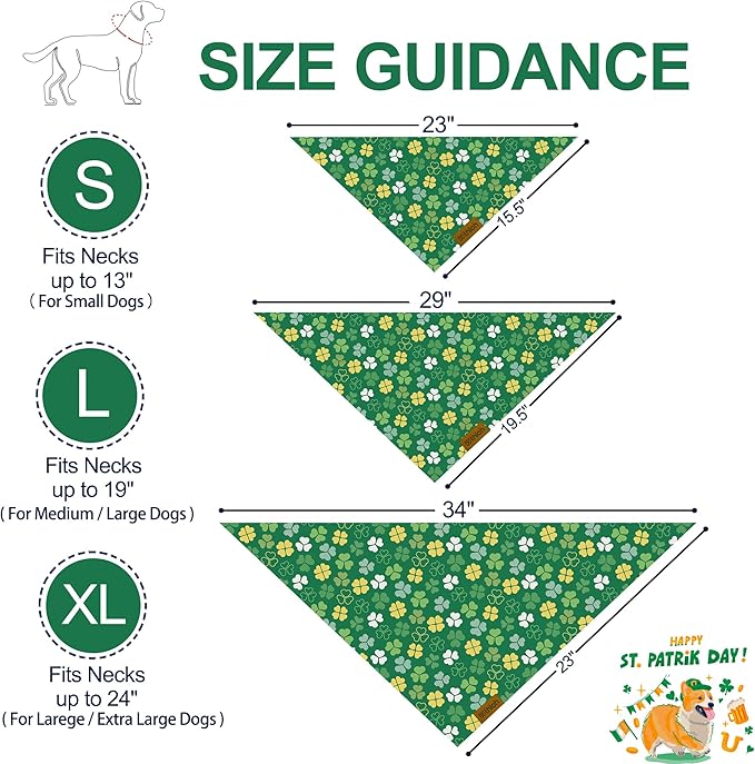 St. Patrick's Day Dog Bandana - 2 Pack Triangle Shamrock Dog Bandanas for Boys & Girls, Reversible Leprechaun Pet Scarf, Premium Durable Fabric, Holiday Bandana for Medium and Large Dogs (Large)
