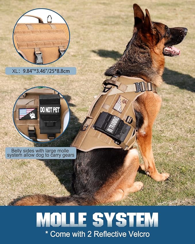 Tactical Dog Harness - PETNANNY Service Dog Vest for Large Dogs Fully Body Coverage in Training Dog Harness with 2 Reflective Dog Patches, Handle, Hook and Loop Panels, Dog MOLLE Vest (Khaki, XL)