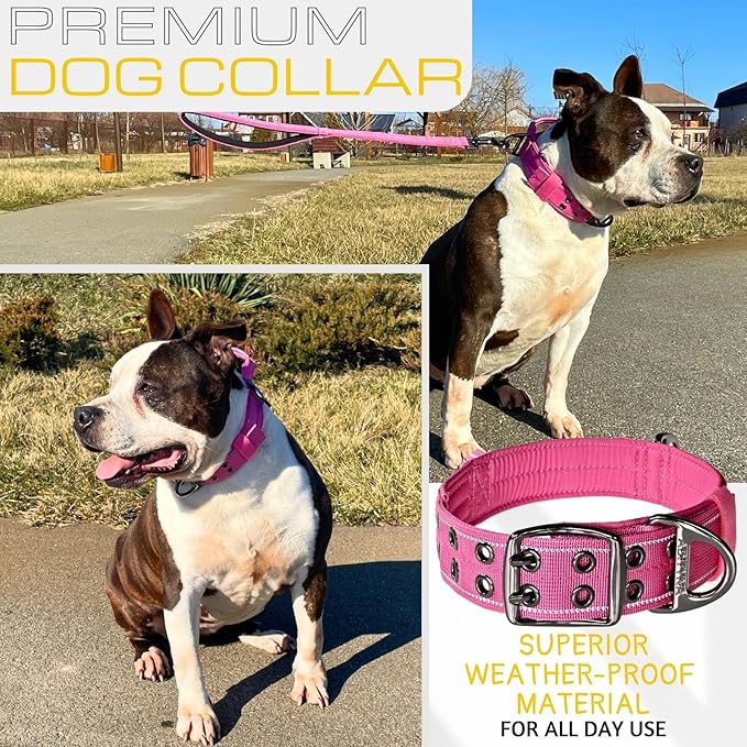 ADITYNA Heavy Duty Dog Collar for Medium Dogs - Reflective Pink Girl Collar with Handle for Training, and Walking - Wide, Thick, Tactical, Soft Neoprene Padded