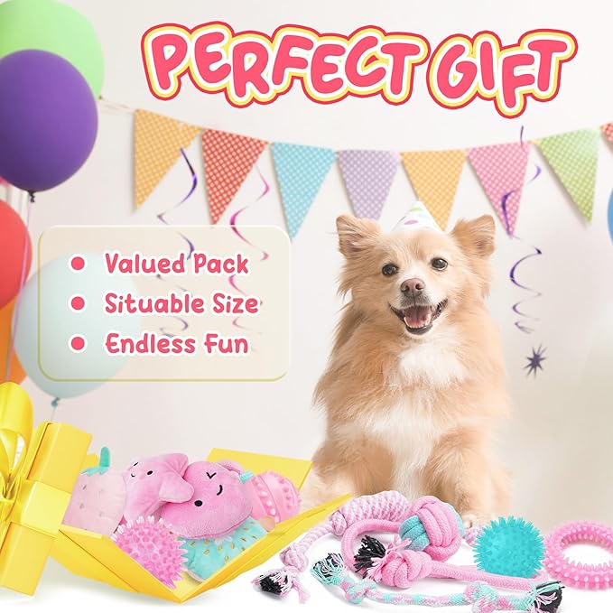 XIUGOAL Pink Puppy Toys for Boredom - 23 Pack Puppy Chew Toys for Teething, Interactive Dog Toys for Puppies, Cute Small Dog Toys with Treat Ball, Squeaky Dog Chew Toys and Ropes