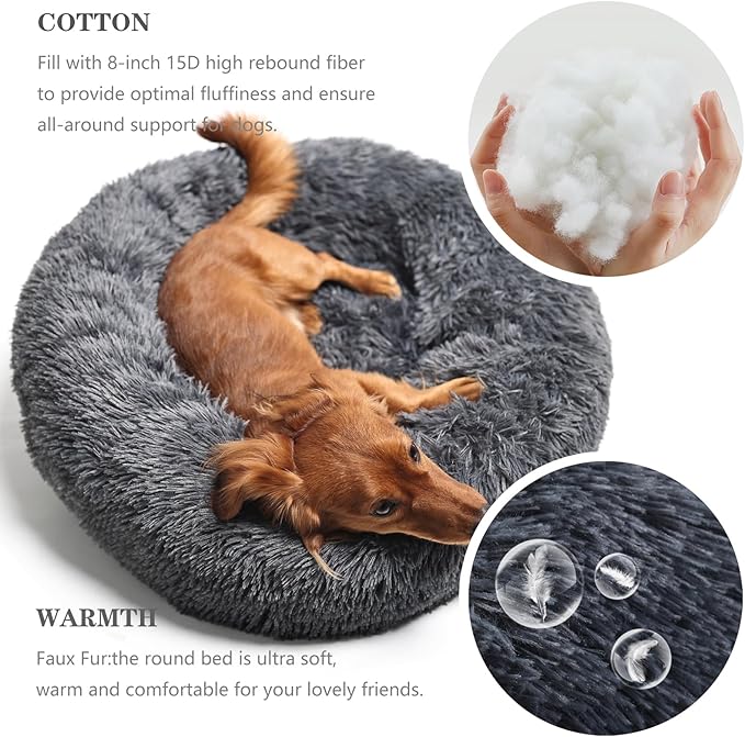 Round Calming Dog Beds for Medium Dogs 30 Inches Anti-Slip Donut Washable Plush Faux Fur Pet Bed fits up to 45 lbs Pets,Dark Gray