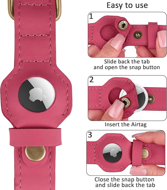AirTag Dog Collar - Genuine Leather Dog Collar with Apple AirTag Holder and Metal Buckle - Smart GPS Tracking Pet Collars for Small Medium Large Dogs Puppy (Pink, L, 17"-21" Neck Fit)