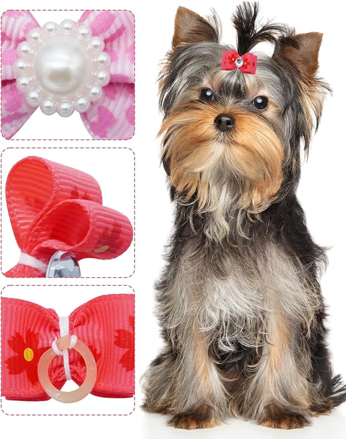 PET SHOW 20 Pack Pink Small Dog Hair Bows with Rubber Bands for Medium Dogs Girl Female Holiday Puppies Cats Kittens Rabbits Topknot Grooming Costumes Hair Accessories