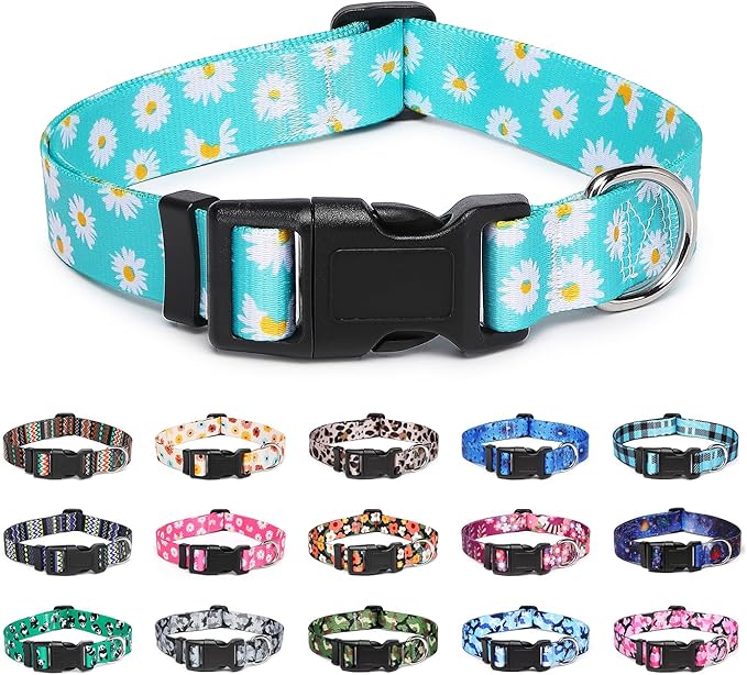 Adjustable Dog Collar with Patterns, Ultra Comfy Soft Nylon Breathable Pet Collar for Small Medium Large Dogs (L, Blue Daisy)