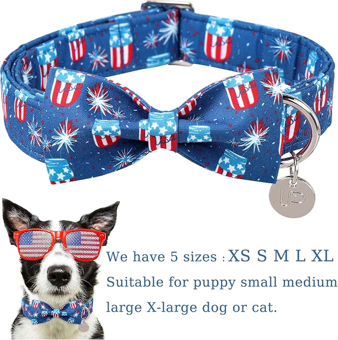 4th of July Dog Collar with Bow Tie, Patriotic Bowtie Dog Collar, American Flag Collar for Large Boy Girl Dog, Comfortable Summer Bowtie Collar with Metal Buckle, L