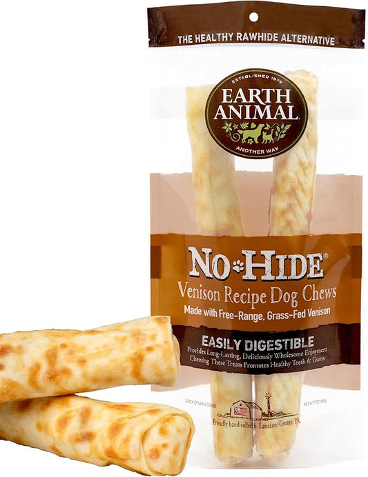 Earth Animal No Hide Large Venison Flavored Natural Rawhide Free Dog Chews Long Lasting Chew Sticks | Treats for Large Dogs | Great for Aggressive Chewers (1 Pack)
