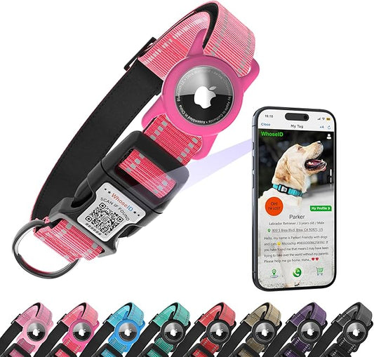 Dog Collar with QR Code, Reflective Dog Collar, Soft Neoprene Padded & Safety Locking Buckle Adjustable Pet Collar (Rose, S-with Airtag Holder)