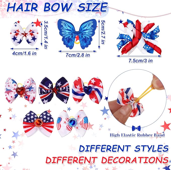 50 Pcs Dog Collar Bows Ties Set Patriotic Memorial Day 4th of July, Bow Flowers Charms Grooming for Small Medium Large Dogs Cats Collar Independence Day Party Decoration Costume Supplies
