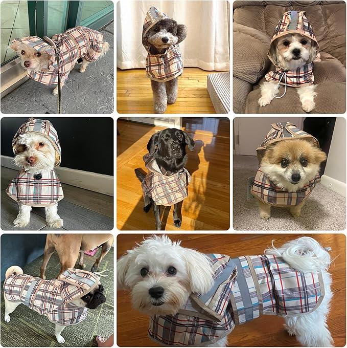 KOOLTAIL Dog Raincoat Hooded Slicker Poncho with Leash Hole, Raincoat for Small Medium Dogs, Waterproof Doggie Rain Jacket with Reflective Strip, Adjustable Breathable Plaid Puppy Rainwear-Blue