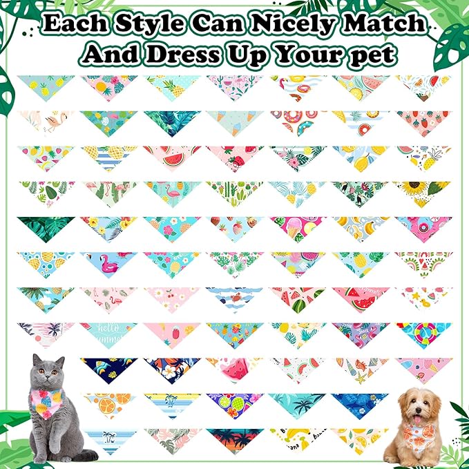 Reginary 72 Packs Summer Bandanas for Dog Bulk Fruit Dog Bandanas Pet Bandanas Hawaiian Triangle Scarf Bibs Dog Bibs Adjustable Dog Bandana for Pet Costume Accessories (Cute)