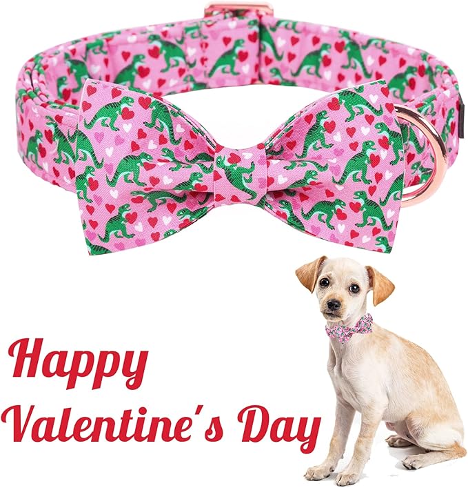 Unique style paws Dog Collar with Bowtie Pink Dinosaur & Heart Puppy Collar Suitable for Small Medium Large Dogs with Adjustable Safety Metal Buckle for Valentine's Day-L