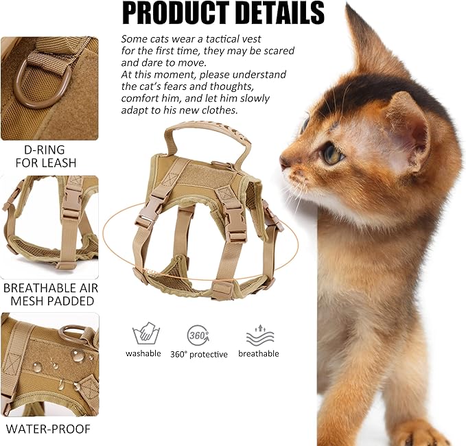 Tactical Cat Harness for Walking Escape Proof, Adjustable Pet Vest Harness, Soft Mesh with Control Handle for Large Cat Small Dog, Gift with Patch
