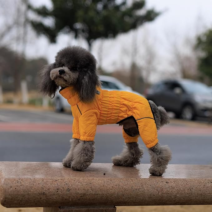 Warm Dog Coat Double Layers Dog Vest, 4 Legs Covered Windproof Waterproof Reflective Warm Dog Vest Outdoor Skating Dog Costume for Small Medium Large Dogs Yellow XS