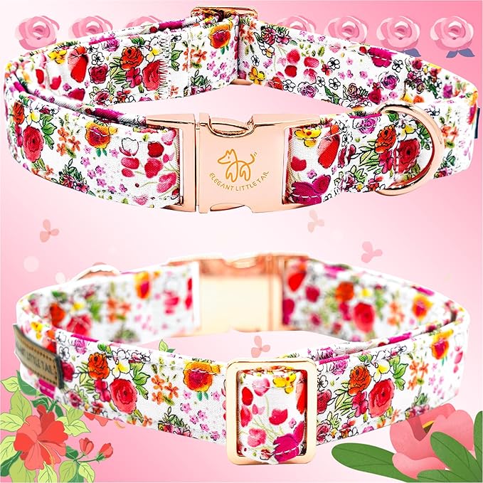 Elegant little tail Dog Collar, Pink Rose Print Pet Collar Summer Dog Collar Durable Metal Buckle Dog Collars Cotton Pet Adjustable Dog Collars for Medium Dogs