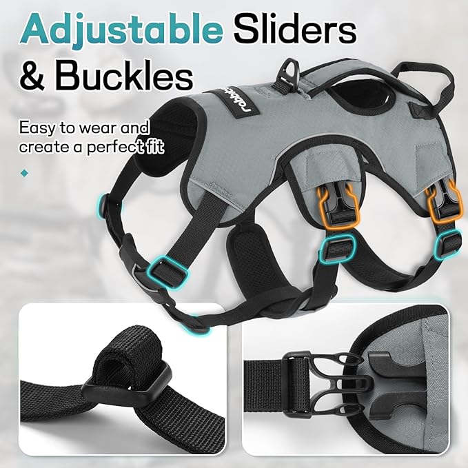 rabbitgoo Escape Proof Dog Harness, Soft Padded Full Body Pet Harness, Reflective Adjustable No Pull Vest with Lift Handle and Leash Clip for Large Dogs Walking Hiking Training, L, Grey