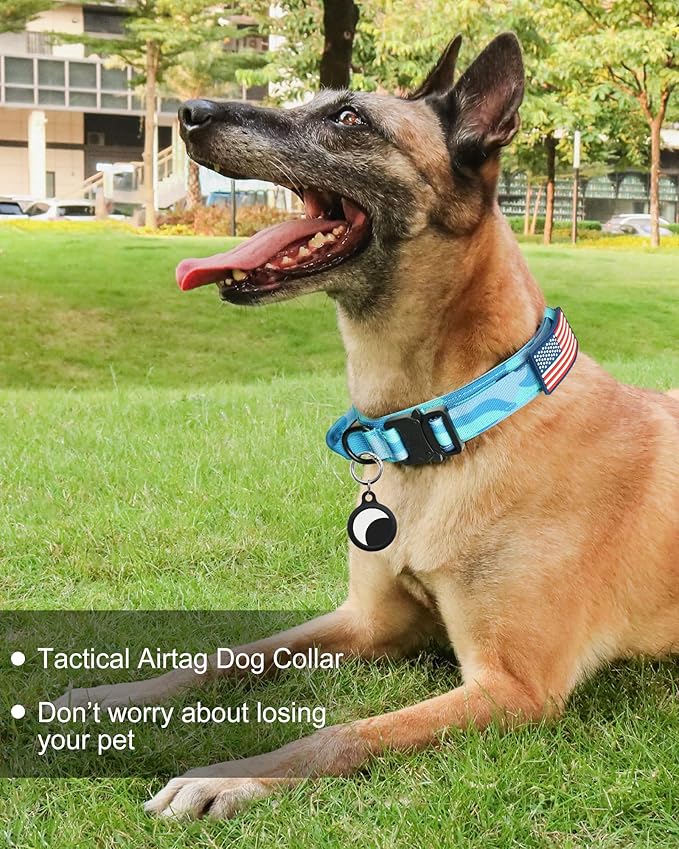 Hotsky Tactical Dog Collar, Adjustable Military Training Nylon Airtag Collar with Handle and Heavy Duty Metal Buckle for Medium Large Dogs, with Airtag Holder and Two Patches(Blue Camo,XL)