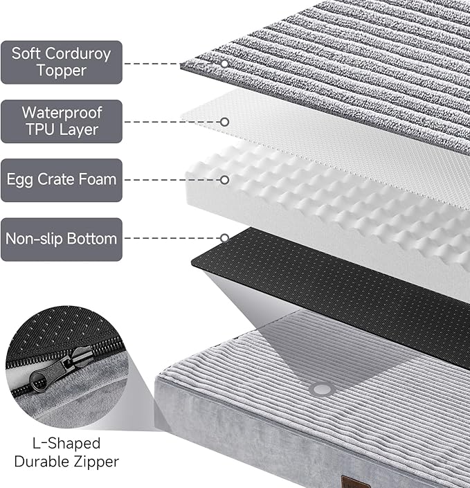 OhGeni Orthopedic Waterproof & Machine Washable Dog Bed for Small Medium Pets, Suitable for Crates, 25D Egg Crate Foam, Non-Slip Bottom & Removable Cover, Invisible Zipper, 30 Inches(Gray)