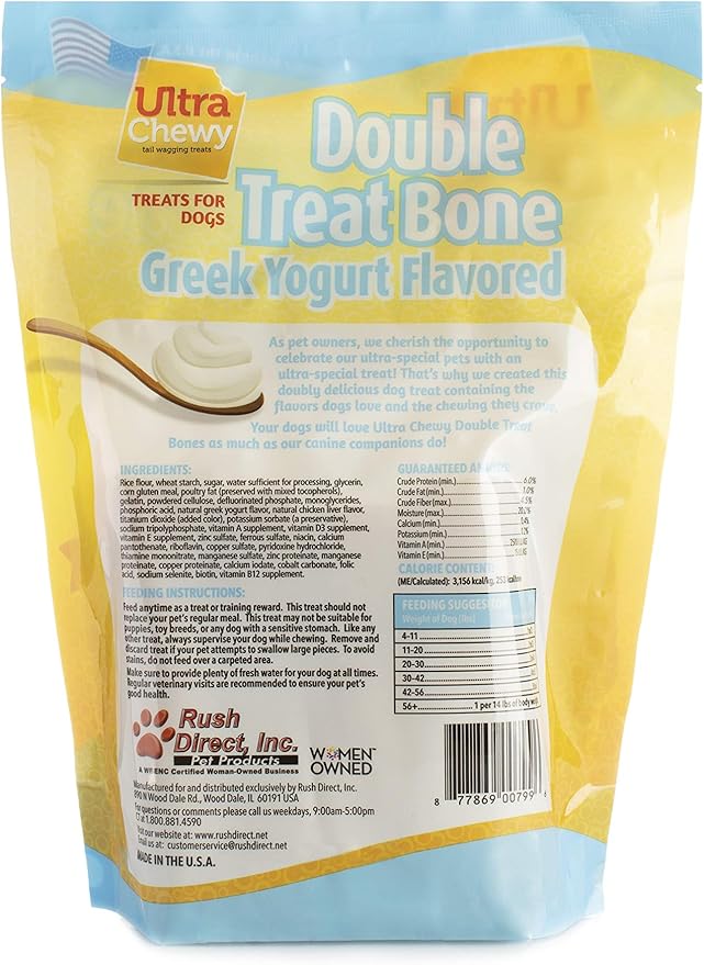 Ultra Chewy Double Treat Bones: Long-Lasting Dog Treats Made in USA for Large and Small Breeds, Highly Digestible, Ideal for Aggressive Chewers (Greek Yogurt, 2 Value Packs)
