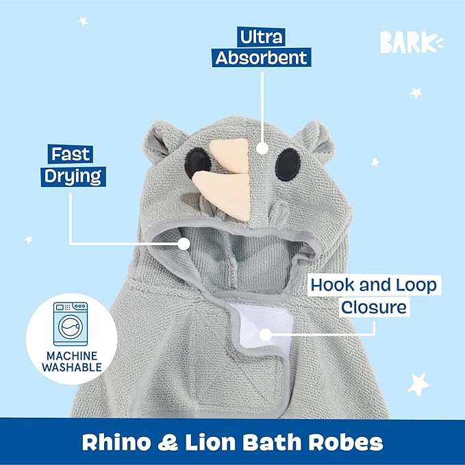 Barkbox Dog Bathrobe Bundle Fast Drying with Hook and Loop Closure & Wrap Tie Snuggle, Easy to Clean, Machine Washable, Dog Coats and Tumble Dry Low - Lion/Rhino, Small