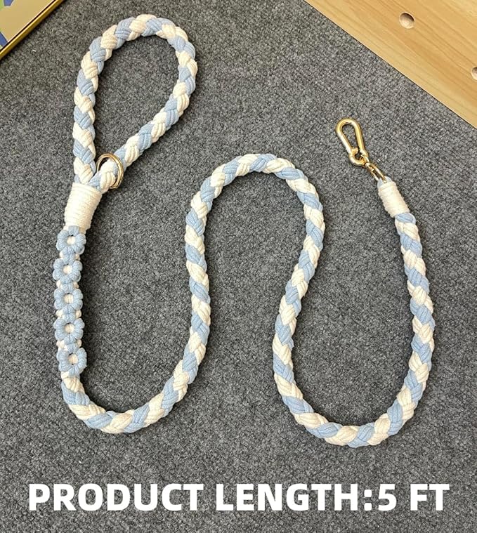 Handmade 5ft Braided Cotton Dog Leash with Unique Floral Handle, Durable and Stylish, Ideal for Small to Large Dogs,Blue & White Color