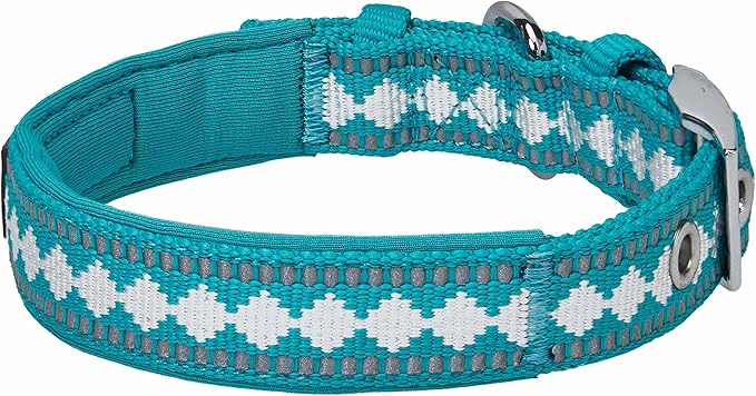 Blueberry Pet Soft & Safe 3M Reflective Jacquard Neoprene Padded Adjustable Dog Collar with Metal Buckle - Peacock, Neck 13-16.5", for Medium Breed