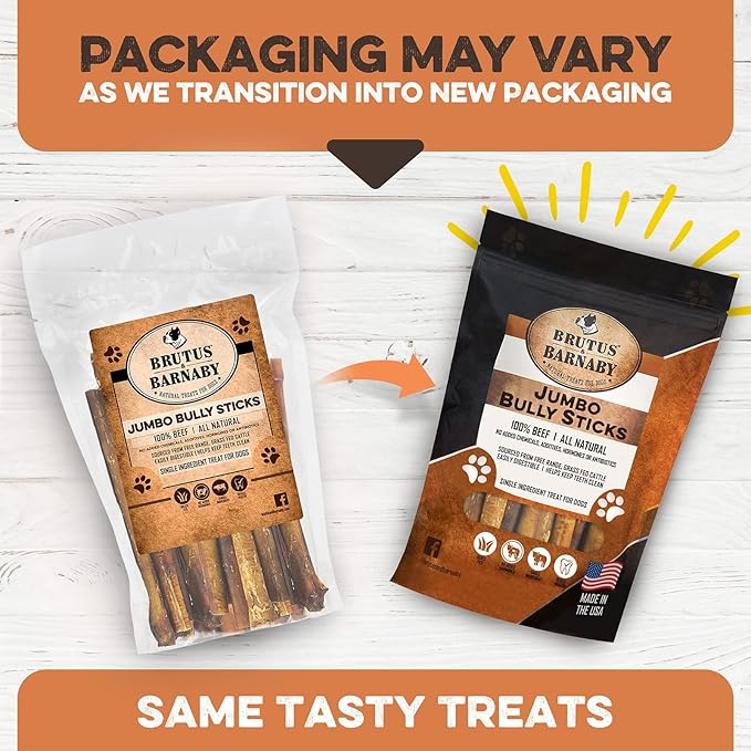 BRUTUS & BARNABY Jumbo Bully Sticks for Large Dogs - (10-Pack) No Hormones Added and Grain Free, Low Odor Bullie, Large, Thick, 12" Bully Bones for Dogs or Puppies