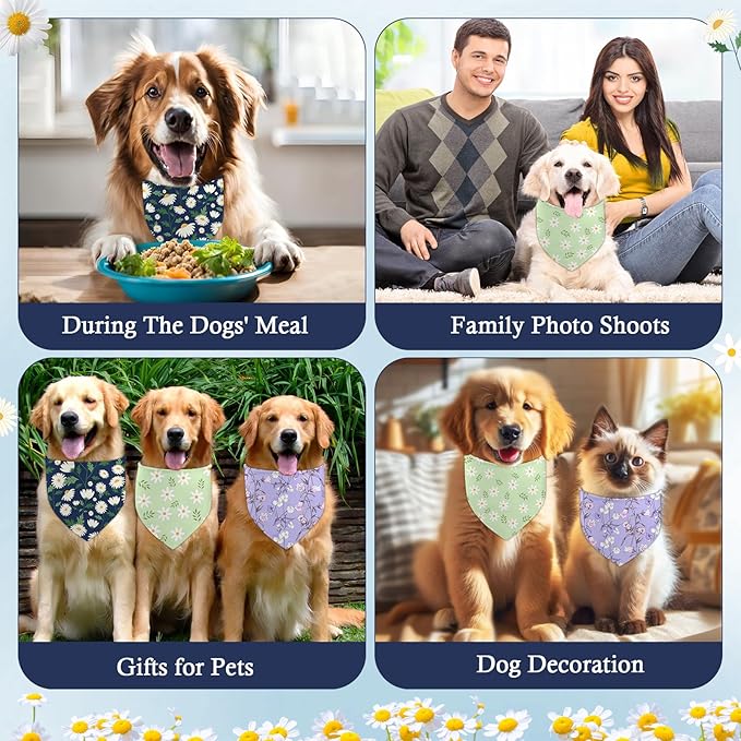 Yuboo Spring Floral Dog Bandanas 3 Pack, Colorful Green Blue Flower Dog Scarf for Boy and Girl, Adjustable Triangle Holiday Birthday Bandanas Scarf for Small Medium Cats Dogs Pets