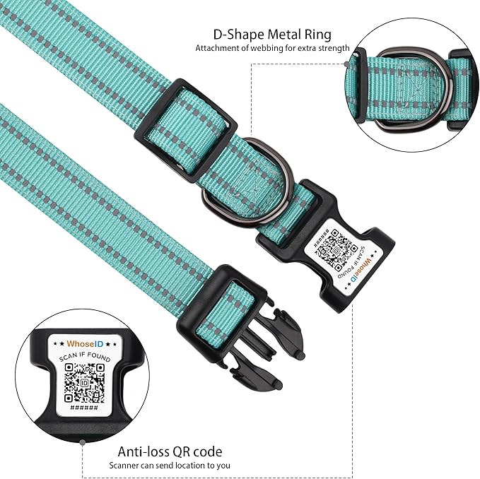 Dog Collar with QR Code, Reflective Dog Collar, Soft Neoprene Padded & Safety Locking Buckle Adjustable Pet Collar (Teal, M-with Airtag Holder)