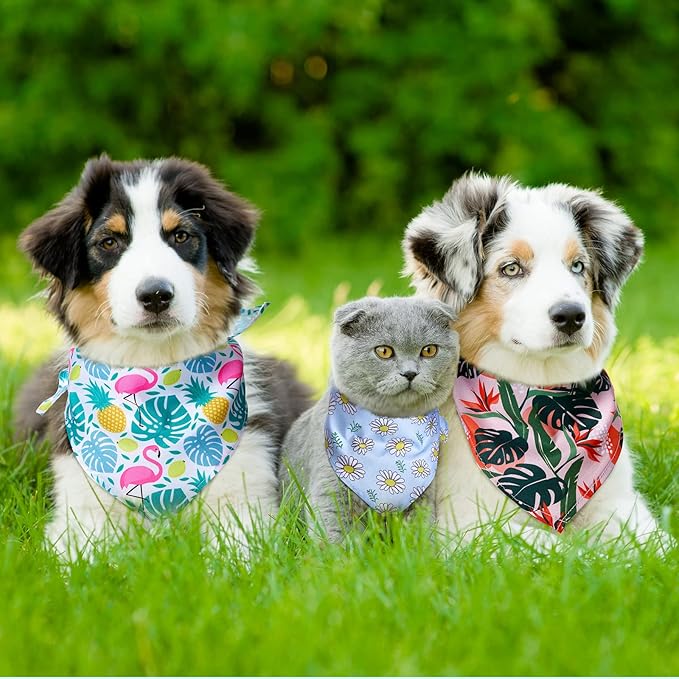 Amylove 120 Pcs Dog Bandanas Bulk Holiday Triangle Dog Pack Puppy Kerchief Bandana Adjustable Pet Scarf for Pet Cat Costume Accessories Decor Summer(Flower)